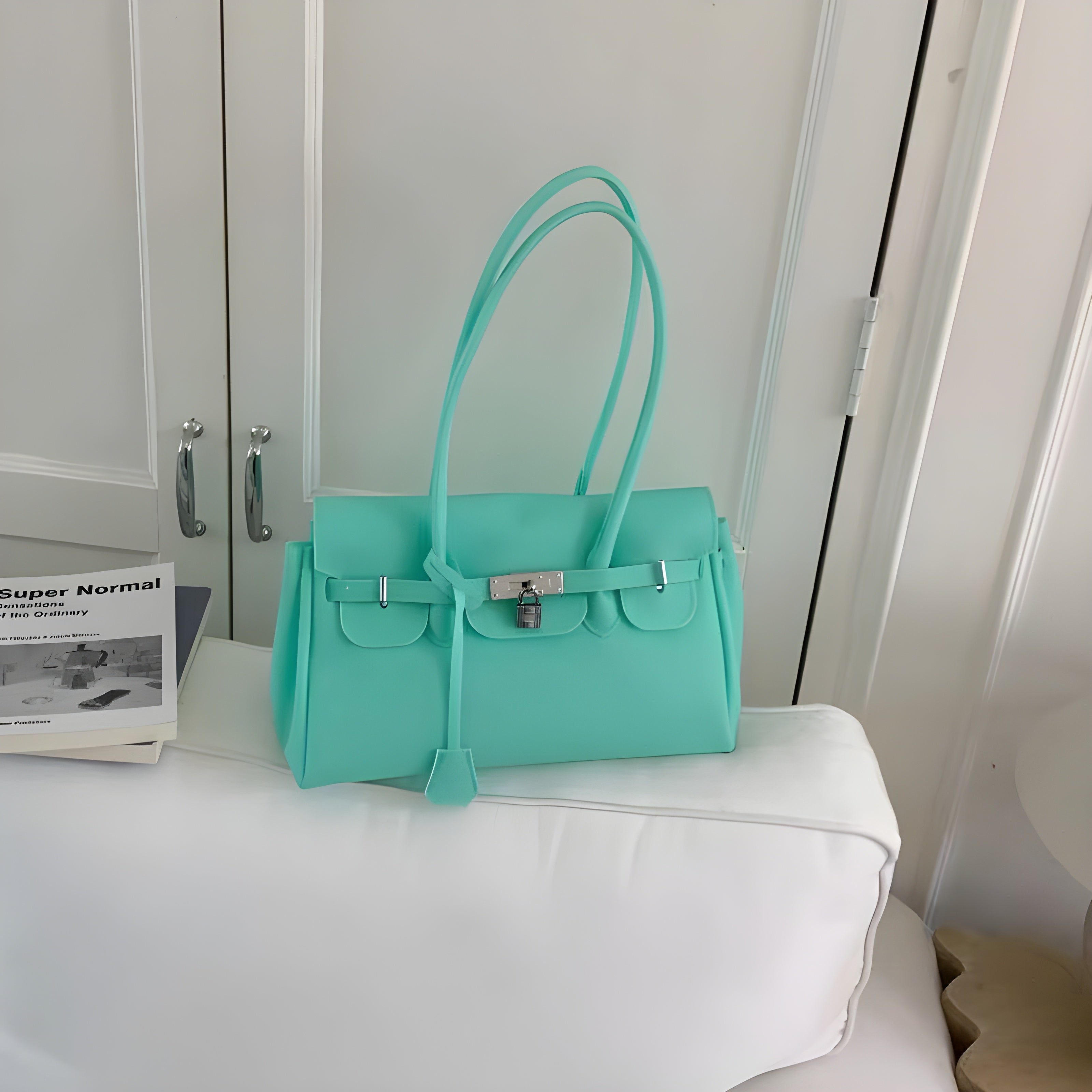 Seoro birkin style square baguette jelly bag in White, front view on stool