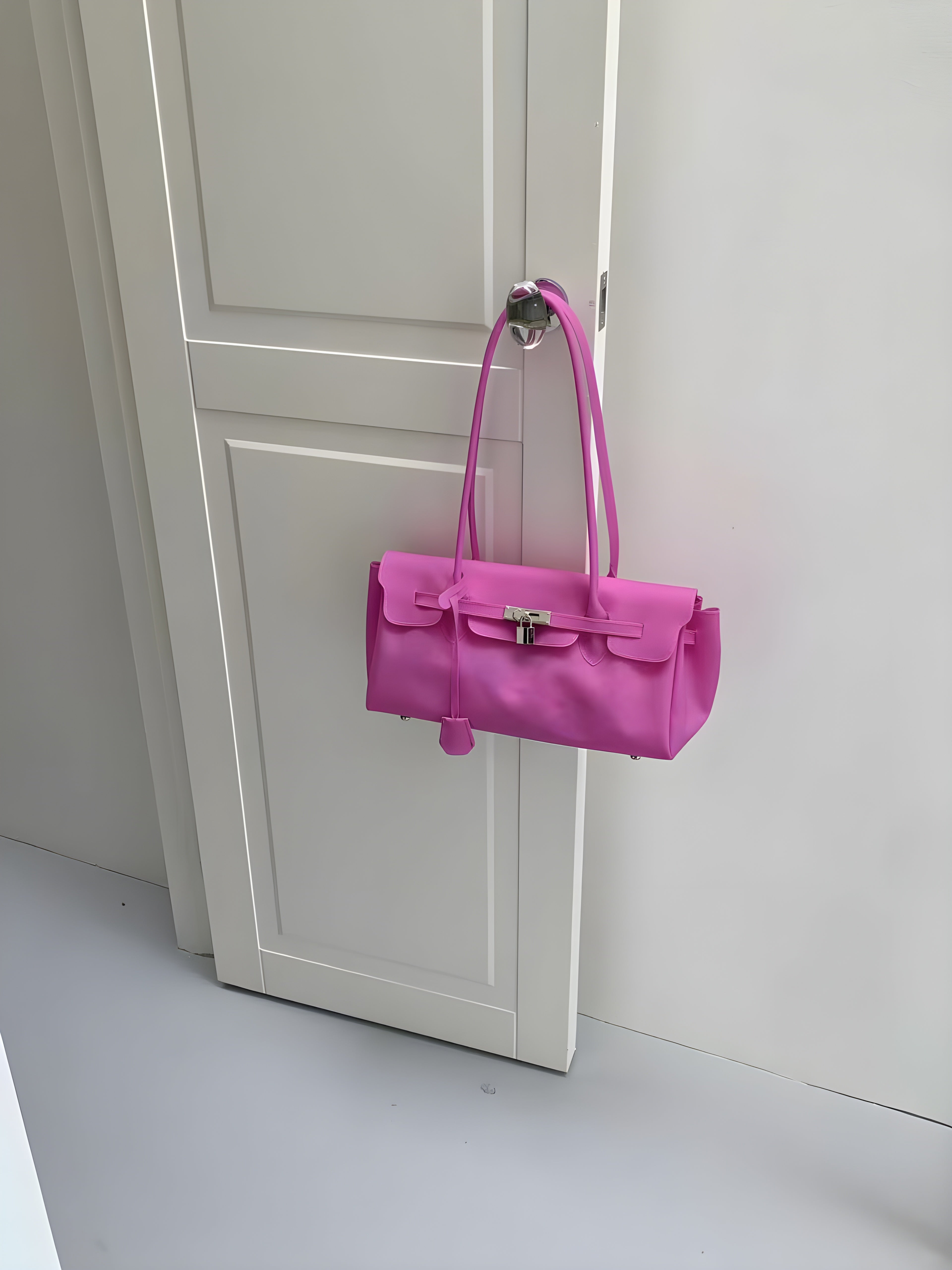 Seoro birkin style baguette jelly bag in Light Yellow, styled on model front view held by handles