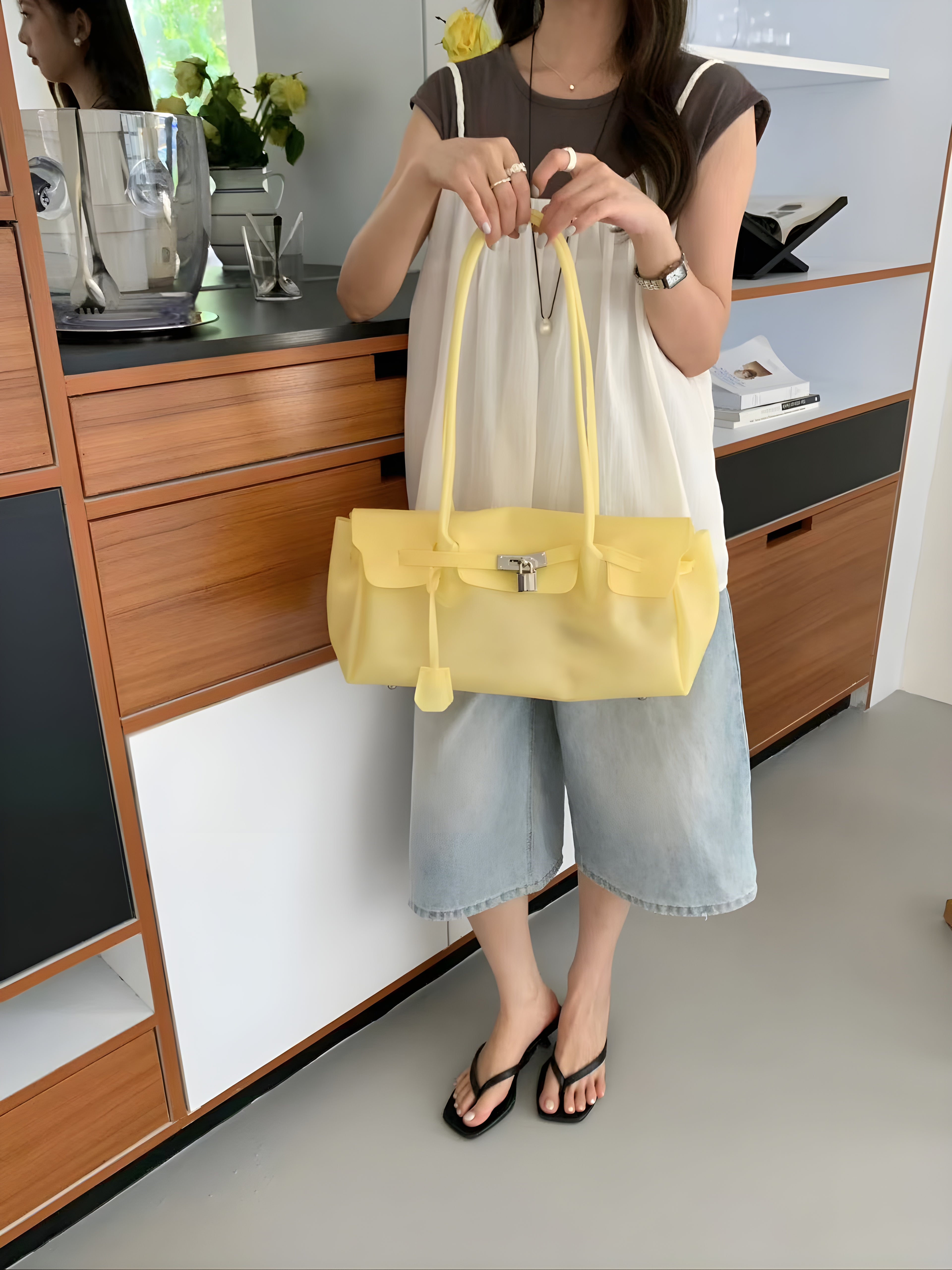 Seoro birkin style baguette jelly bag in White, styled on model side view full length