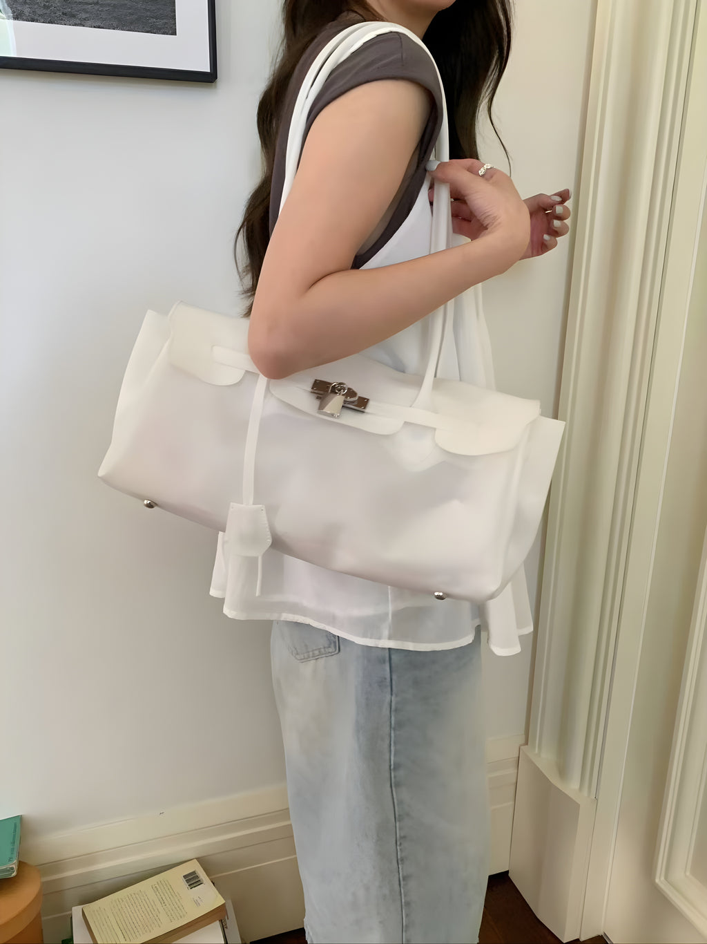 Seoro birkin style baguette jelly bag in White, side flap pocket detail close-up