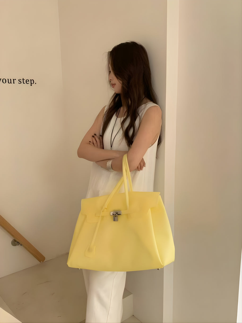 Birkin style large jelly tote bag in Pink, styled on model side view