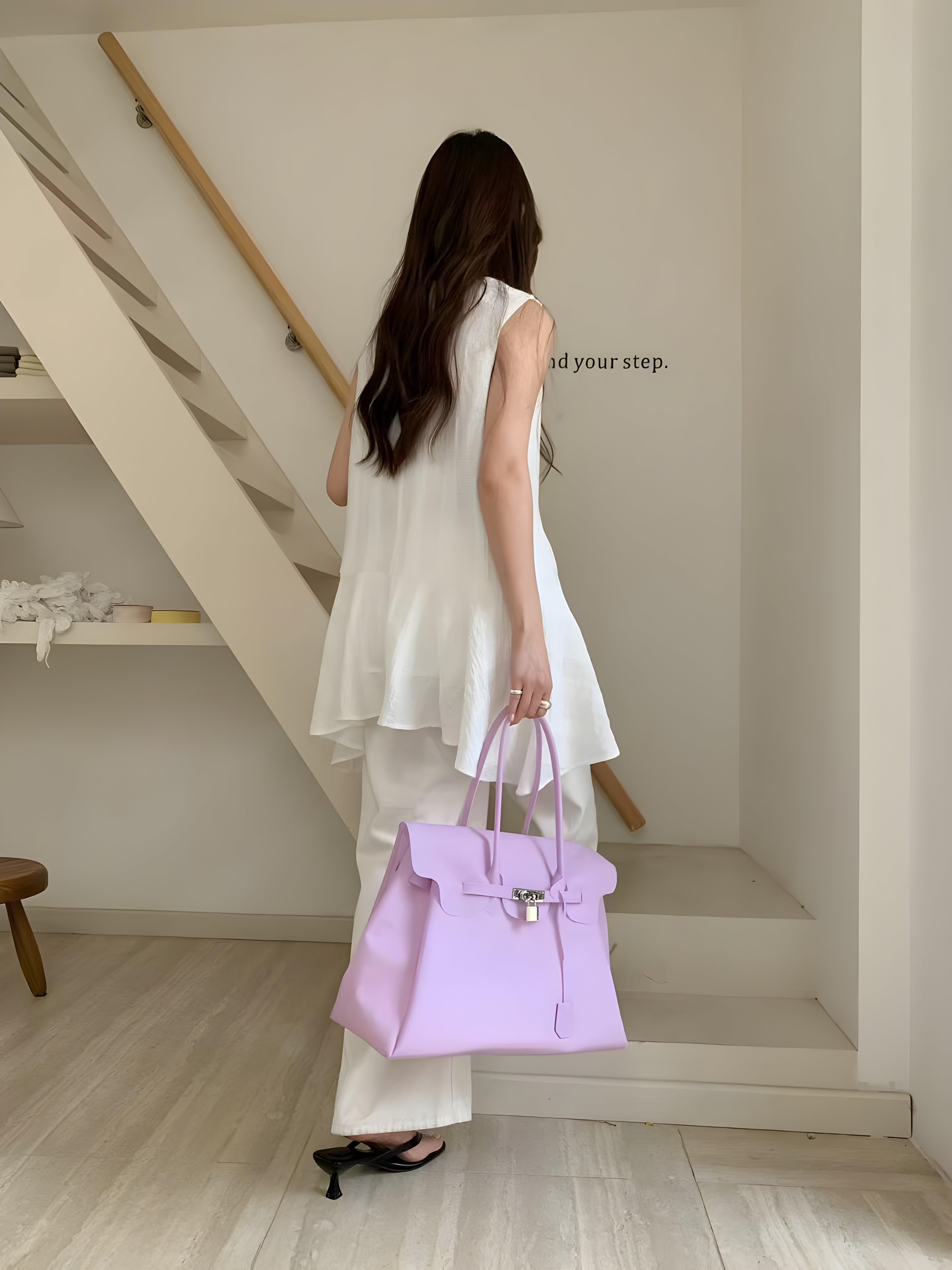 Birkin style large jelly tote bag in White, styled on model front view standing