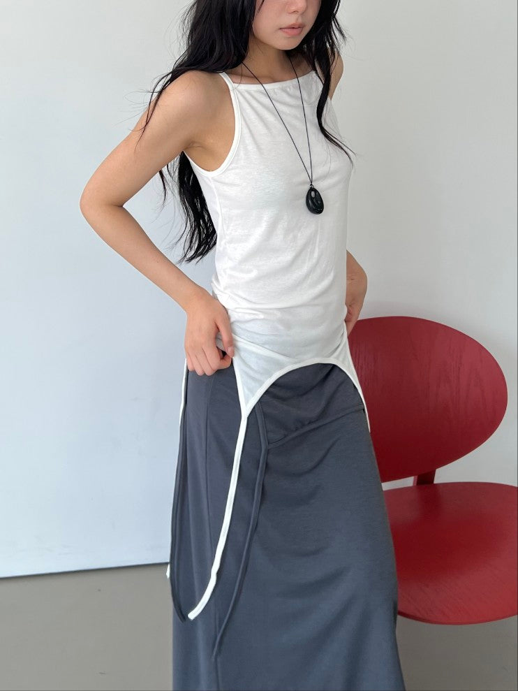 Askhaki square neck tank top with side tie strings in Brown, Ivory, Black and Grey, four colorways on rack front view