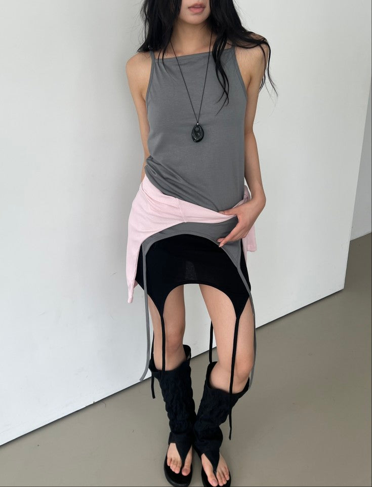 Askhaki square neck tank top with side tie strings in Ivory, styled on model front view with grey maxi skirt and necklace