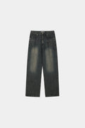 Back view of dark indigo men's denim jeans with patch pockets