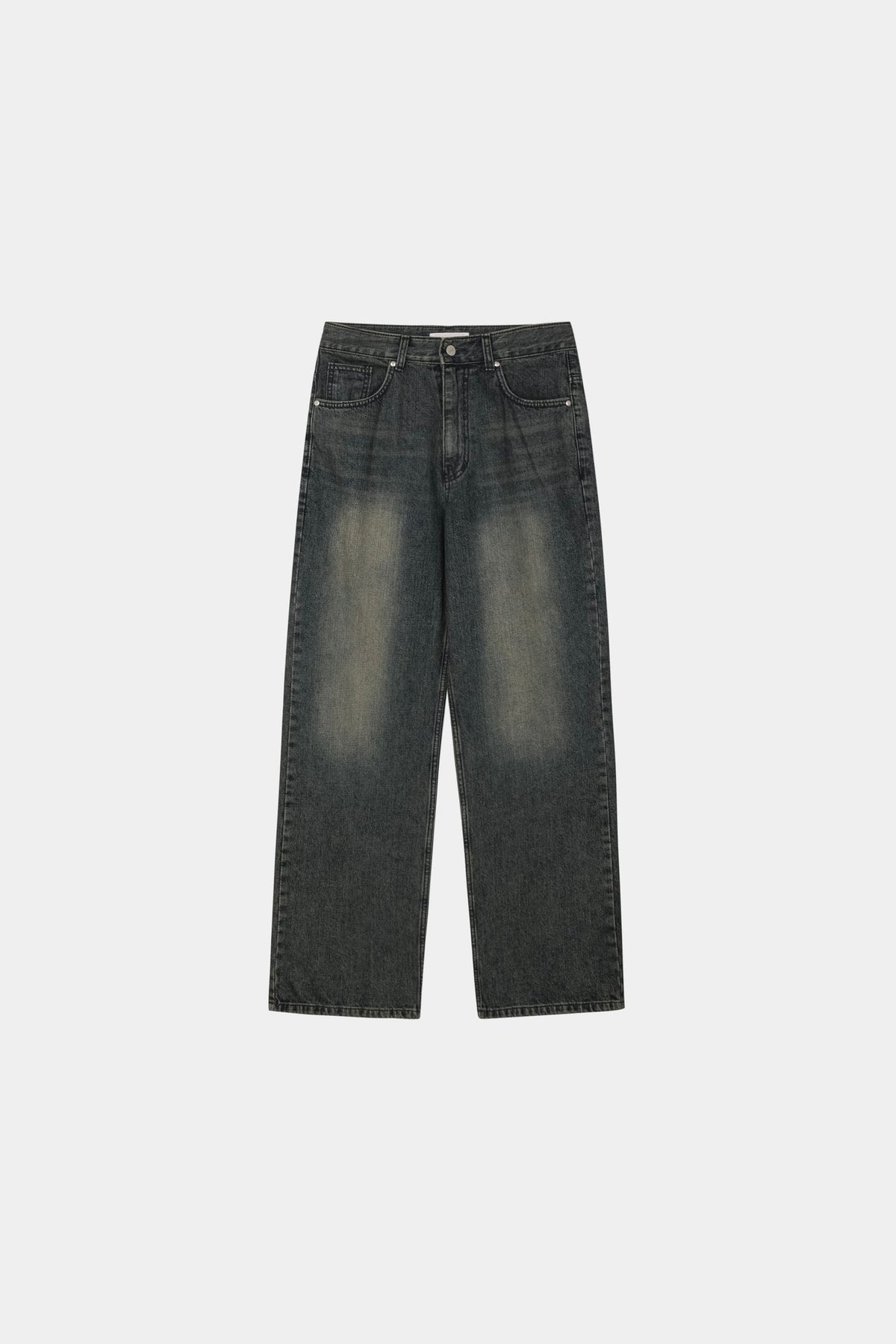 Back view of dark indigo men's denim jeans with patch pockets