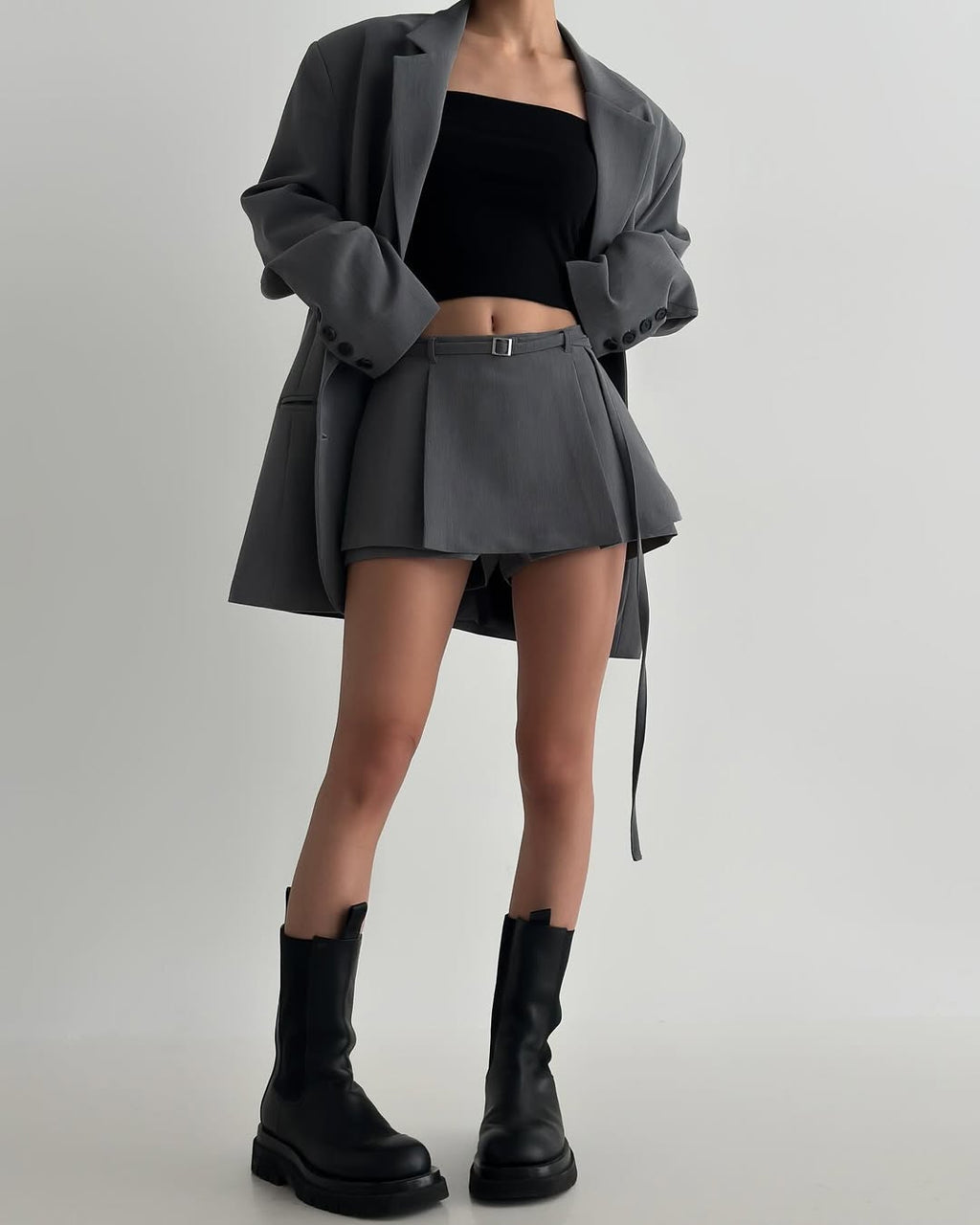 Cracker Buckle Pleated Skirt & Oversized Blazer