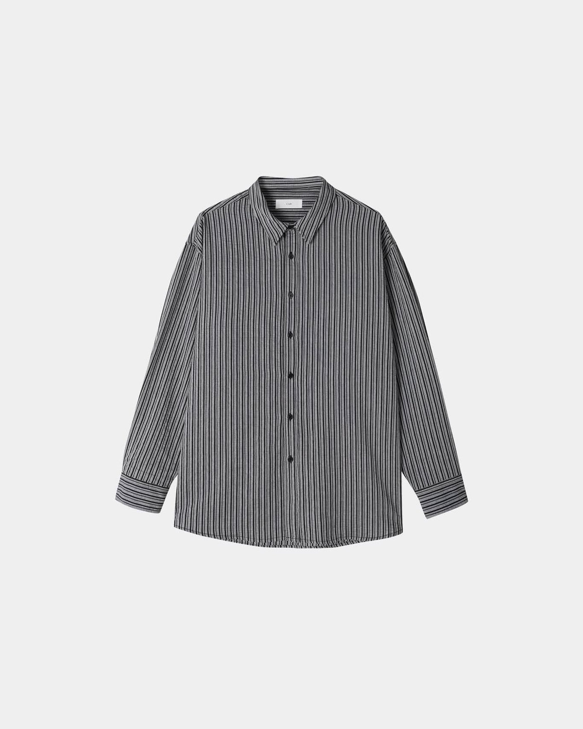 Ivory men's cotton pinstripe button-up shirt, front view