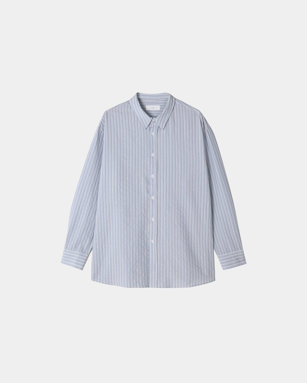 Beige men's cotton pinstripe button-up shirt, front view