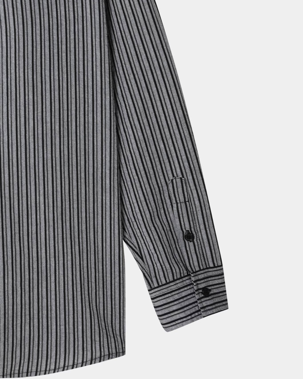 Back view of black men's cotton pinstripe shirt with center pleat