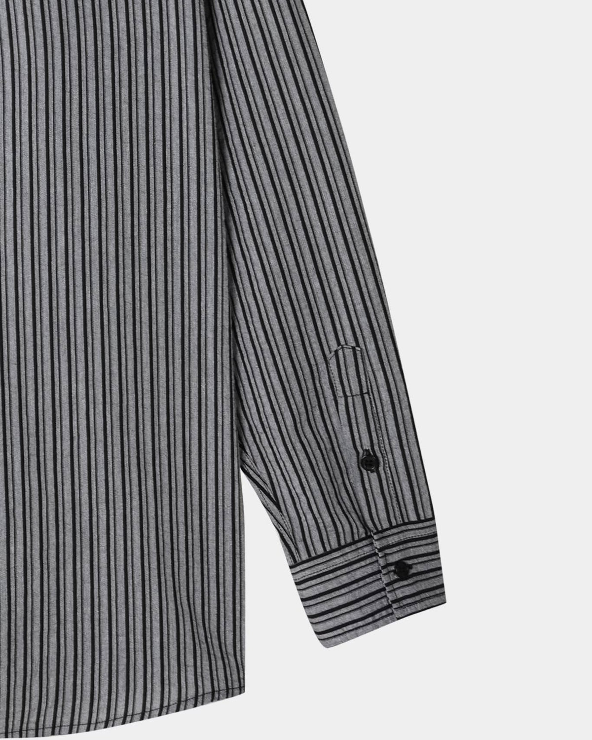Back view of black men's cotton pinstripe shirt with center pleat