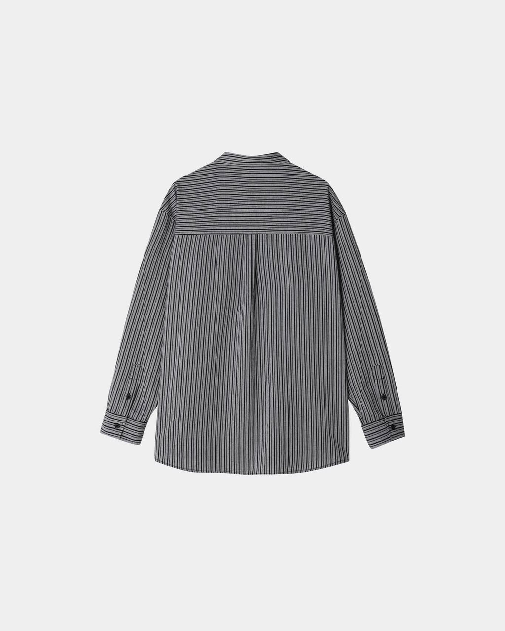 Black men's cotton pinstripe button-up shirt, front view