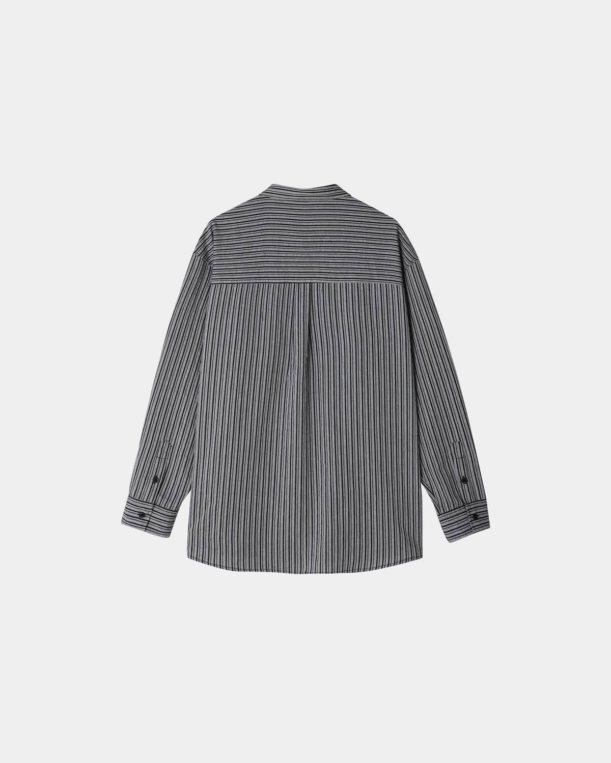 Black men's cotton pinstripe button-up shirt, front view