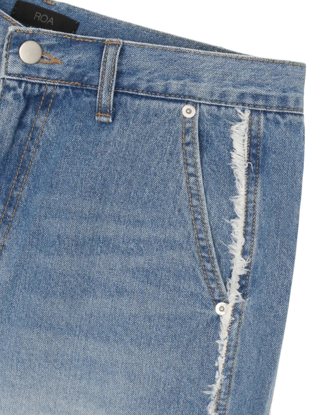 Roa frayed side panel denim shorts in Blue, back view flat lay
