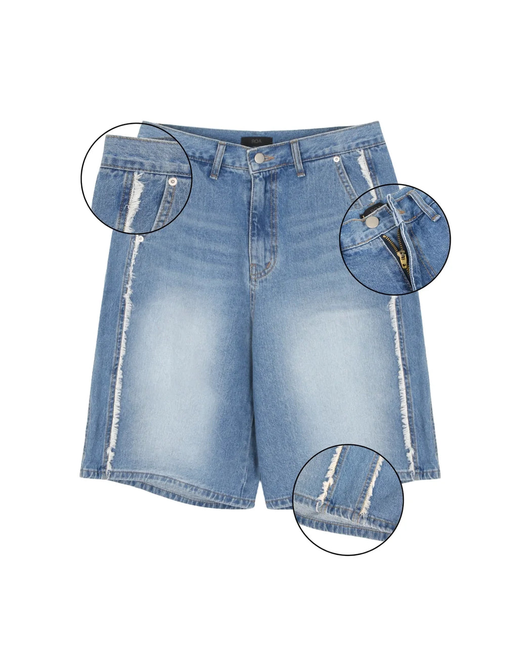 Roa frayed side panel denim shorts in Blue, styled side view on model