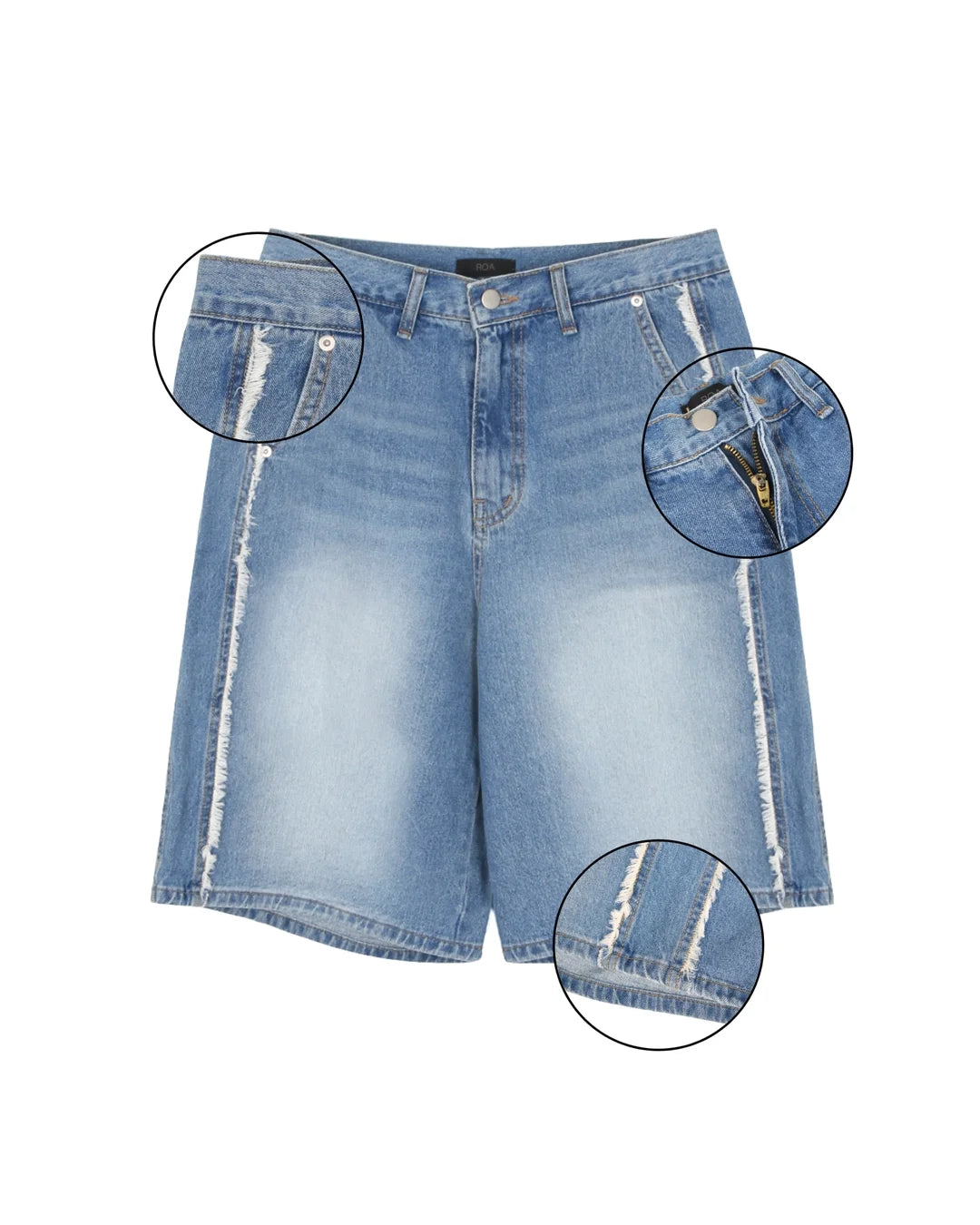 Roa frayed side panel denim shorts in Blue, styled side view on model