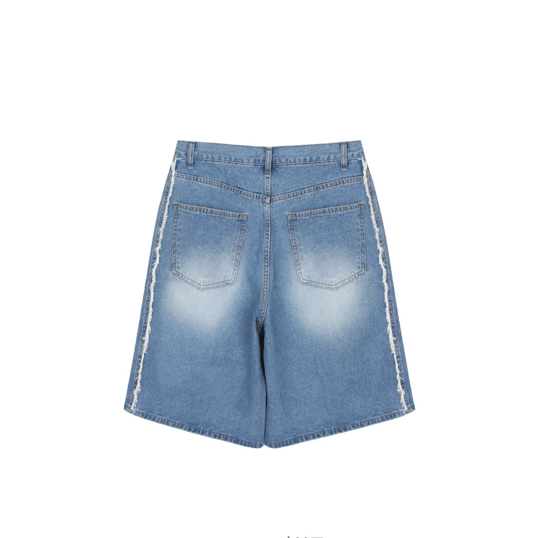 Roa frayed side panel denim shorts in Blue, front view with detail callouts