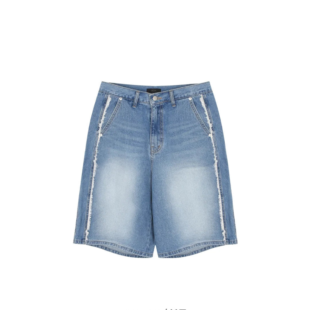 Roa frayed side panel denim shorts in Blue, frayed hem detail close-up