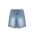 Roa frayed side panel denim shorts in Blue, frayed hem detail close-up