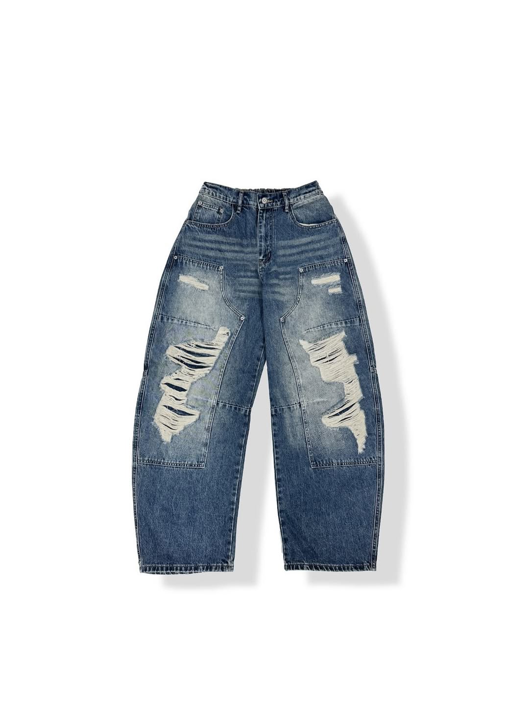 Pantaloni Larghi in Denim Carpenter con Strappi Consistenti
