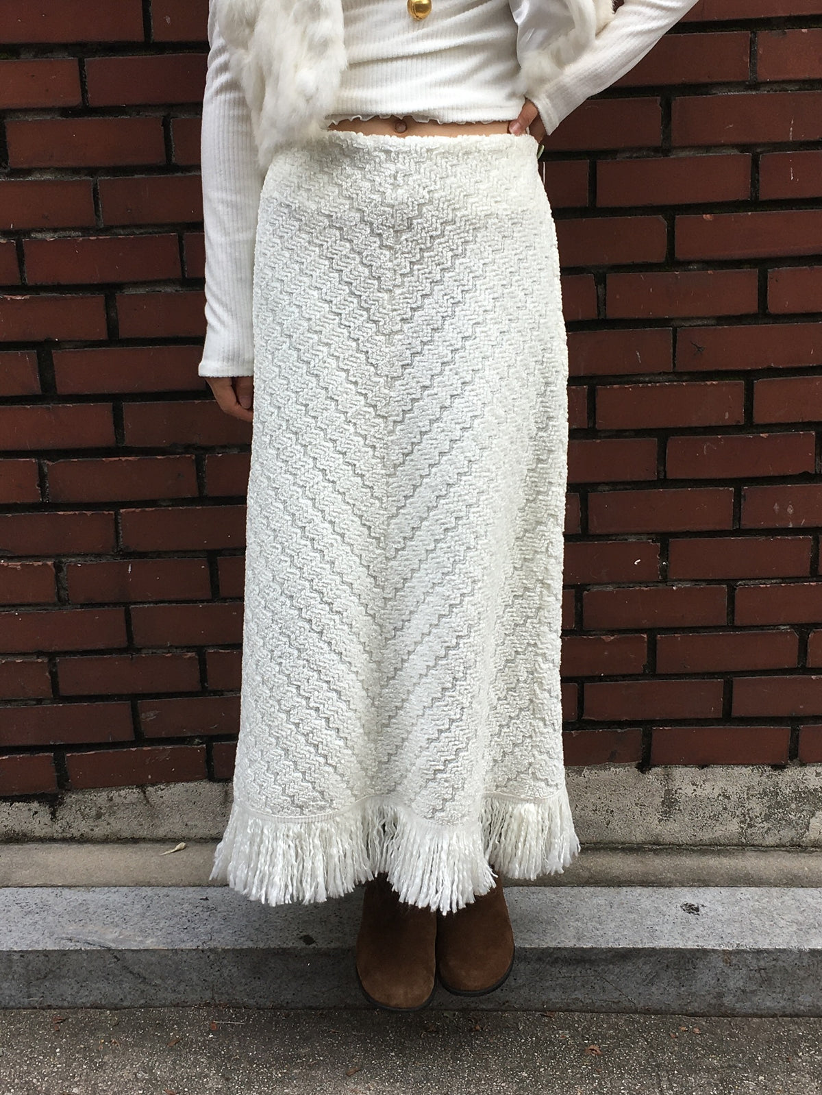 Fringe Hem Chevron Texture Maxi Skirt