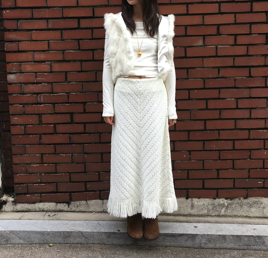 Fringe Hem Chevron Texture Maxi Skirt