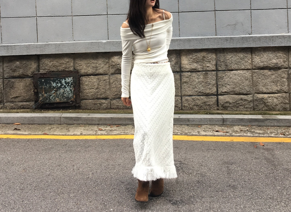 Fringe Hem Chevron Texture Maxi Skirt
