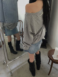 LeAhicon Loose Fit Stripe Long Sleeve Top with Wide Boat Neck