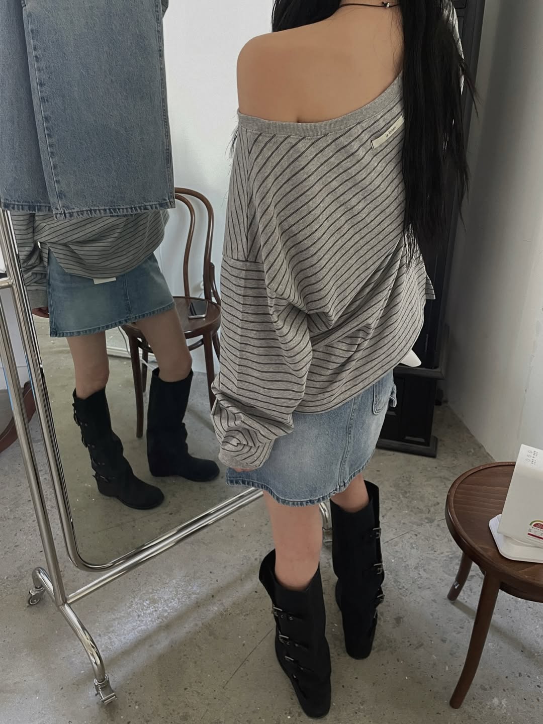 LeAhicon Loose Fit Stripe Long Sleeve Top with Wide Boat Neck