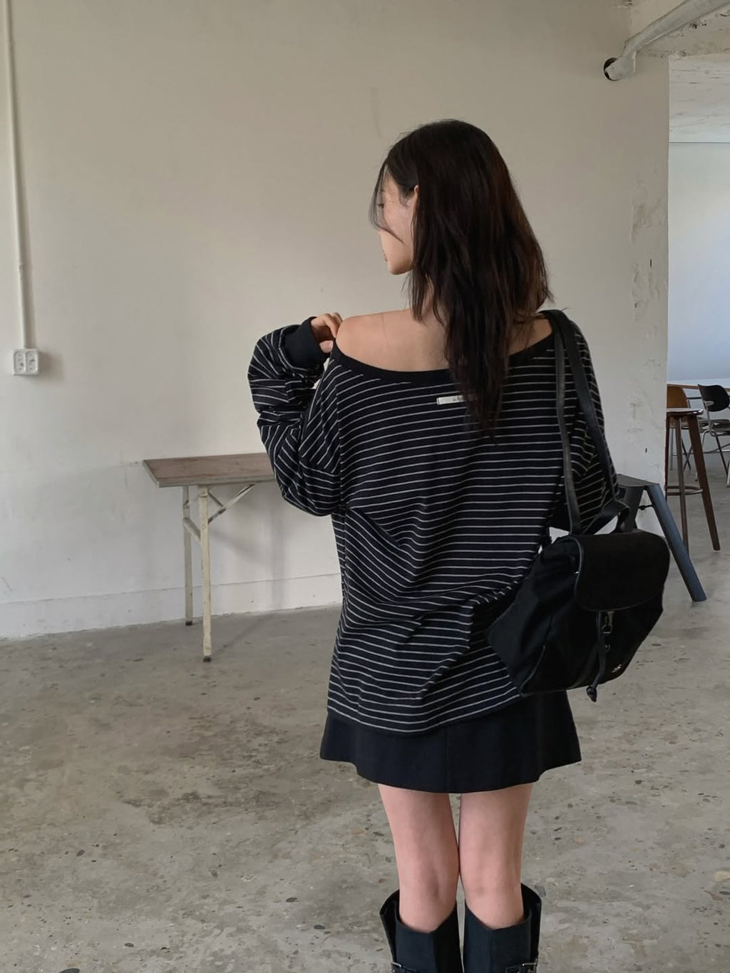 LeAhicon Loose Fit Stripe Long Sleeve Top with Wide Boat Neck
