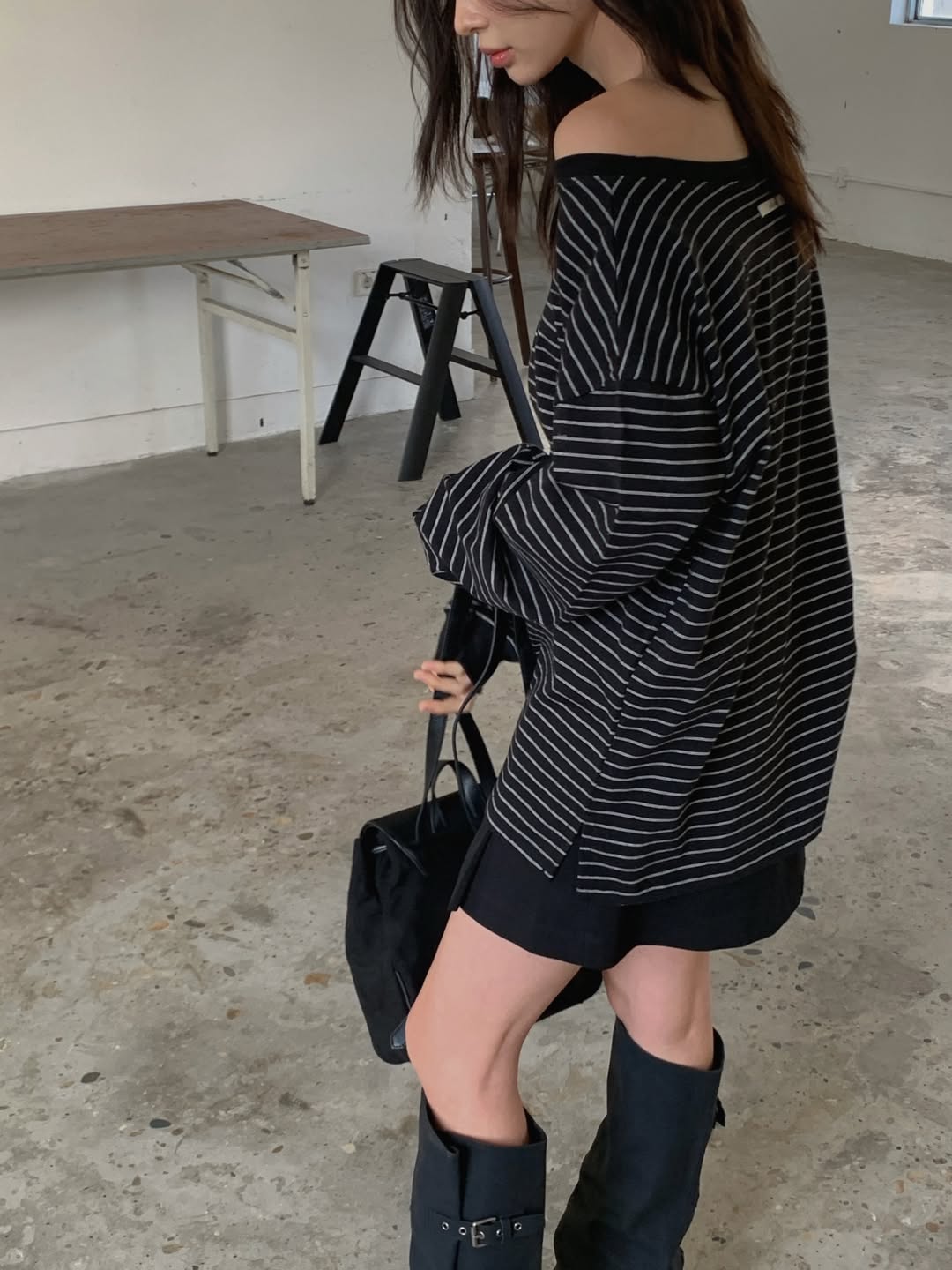LeAhicon Loose Fit Stripe Long Sleeve Top with Wide Boat Neck