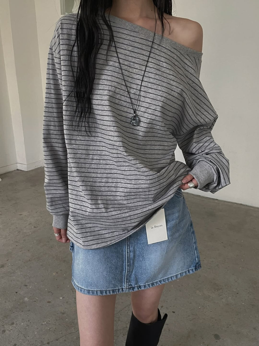LeAhicon Loose Fit Stripe Long Sleeve Top with Wide Boat Neck
