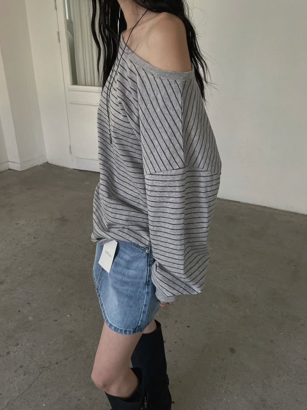 LeAhicon Loose Fit Stripe Long Sleeve Top with Wide Boat Neck