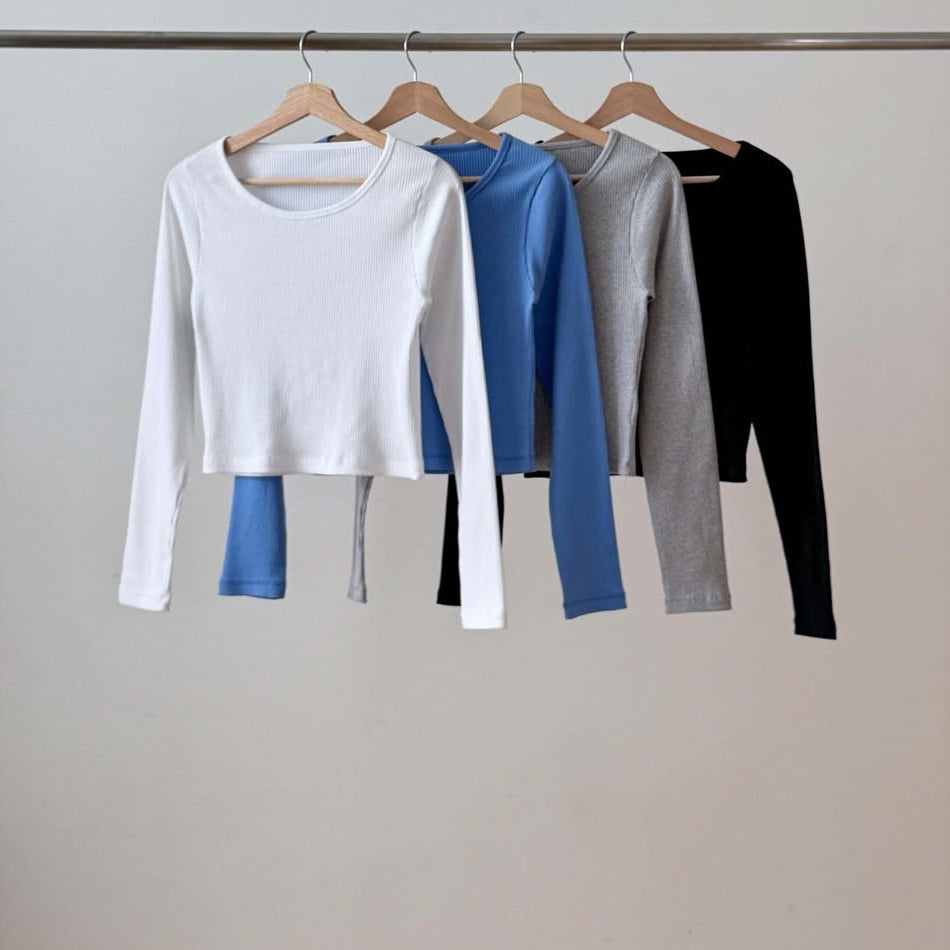Top a maniche lunghe a costine vestibilità slim | Minimalista coreano