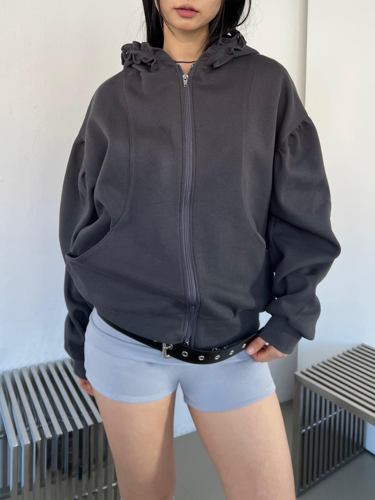 Oversized Full Zip Hoodie with Ruffle Frill Hood