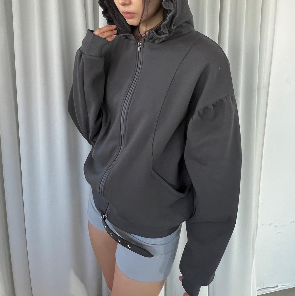 Oversized Full Zip Hoodie with Ruffle Frill Hood