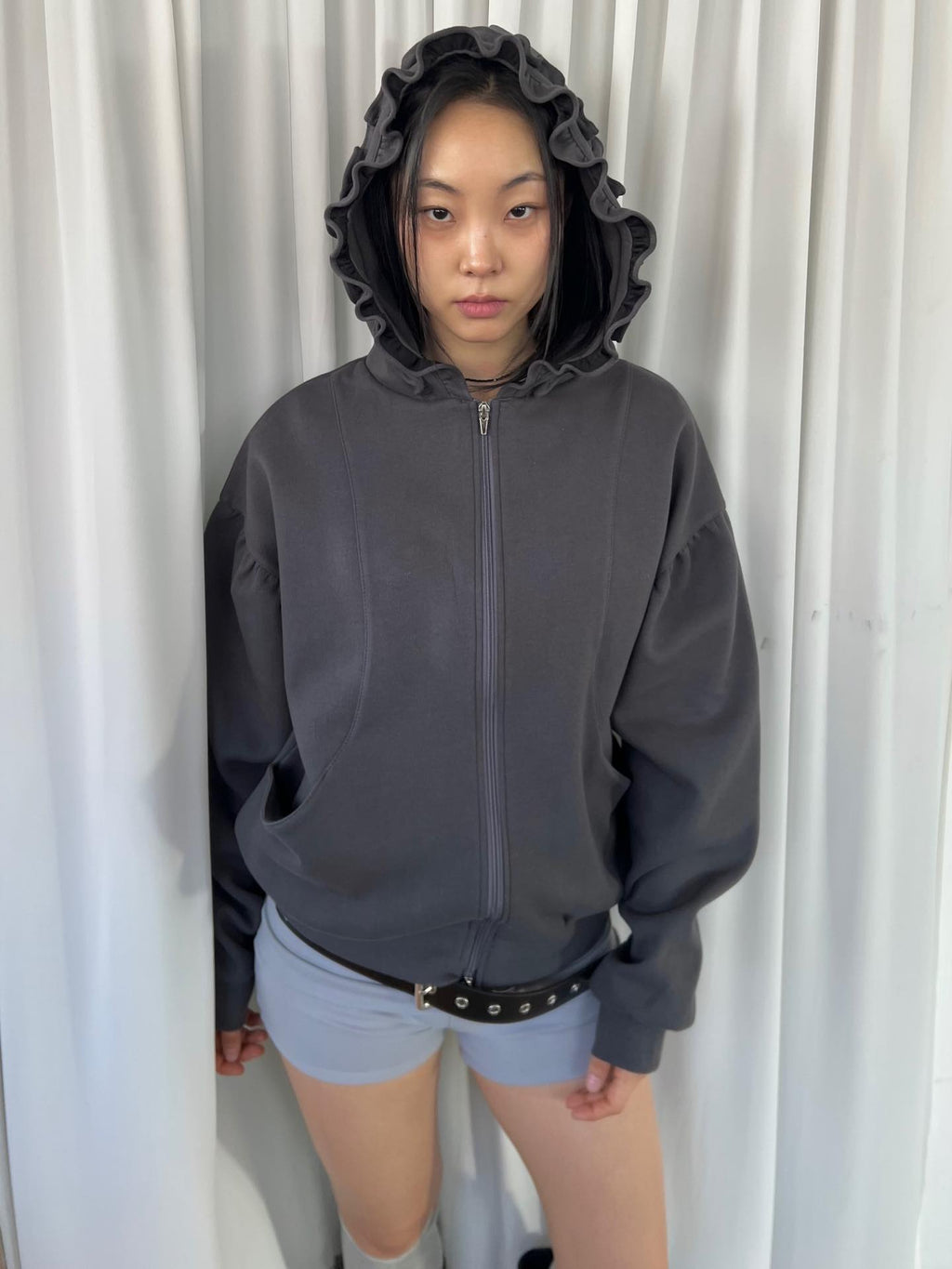 Oversized Full Zip Hoodie with Ruffle Frill Hood
