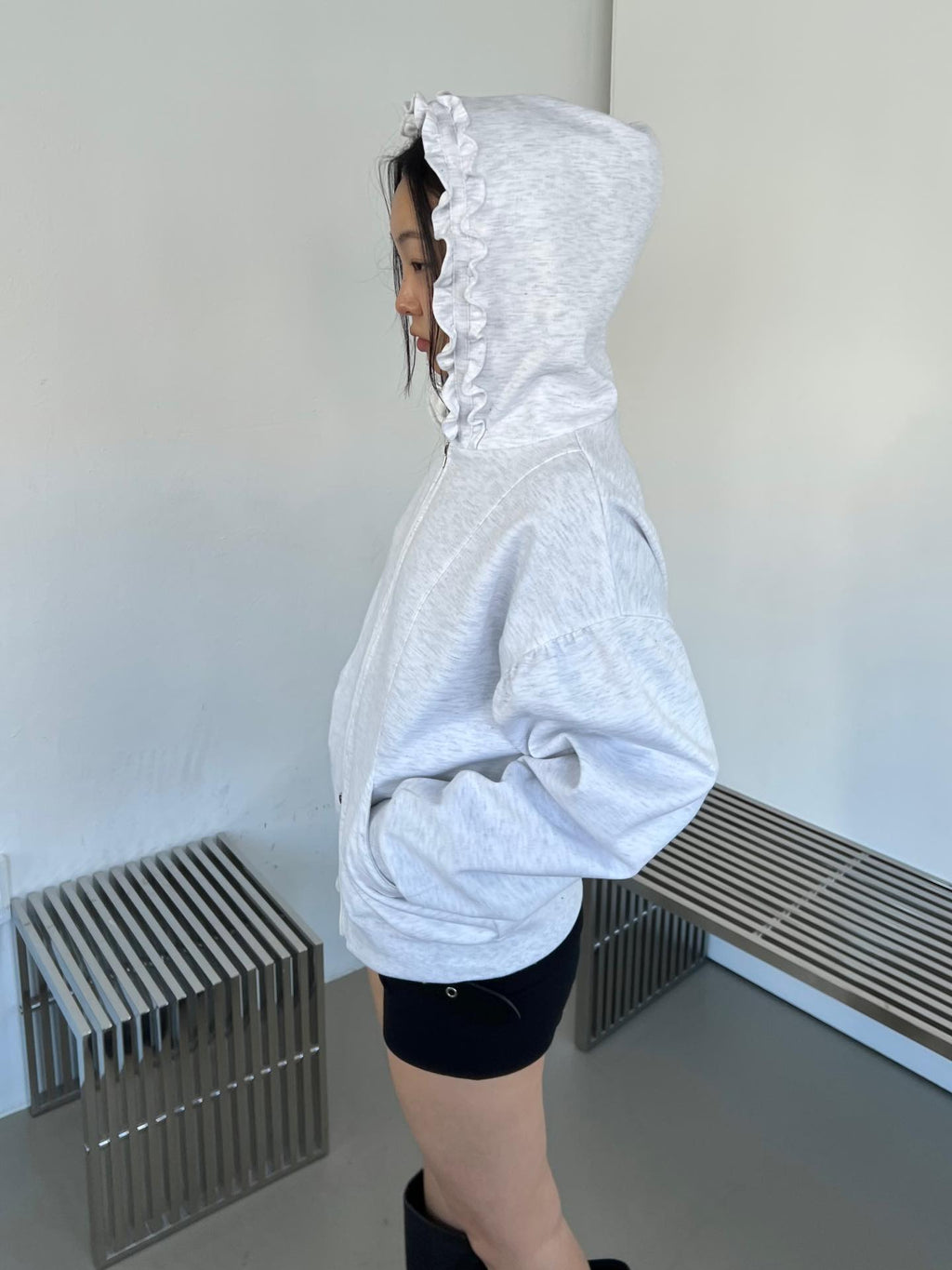 Oversized Full Zip Hoodie with Ruffle Frill Hood