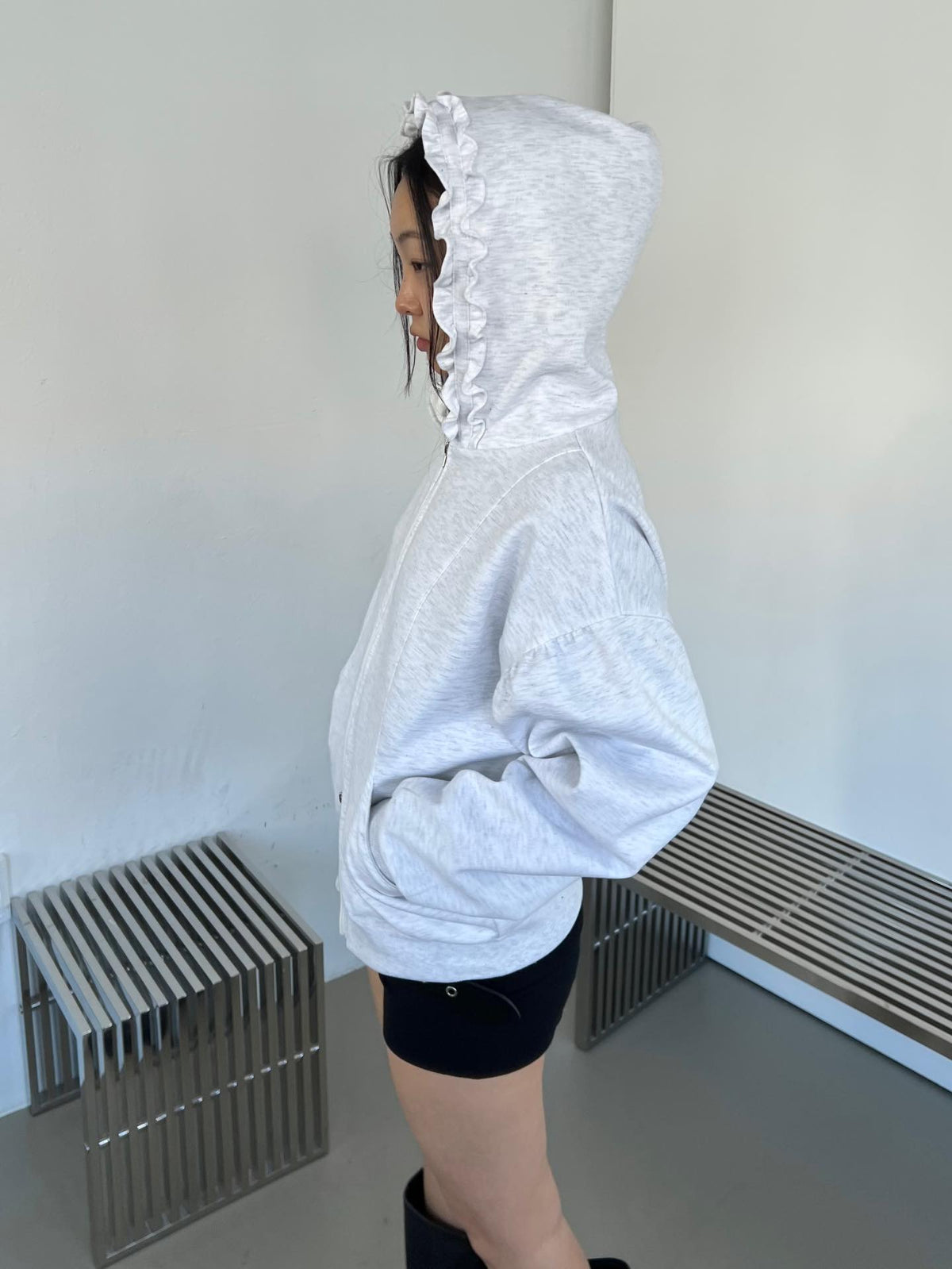 Oversized Full Zip Hoodie with Ruffle Frill Hood