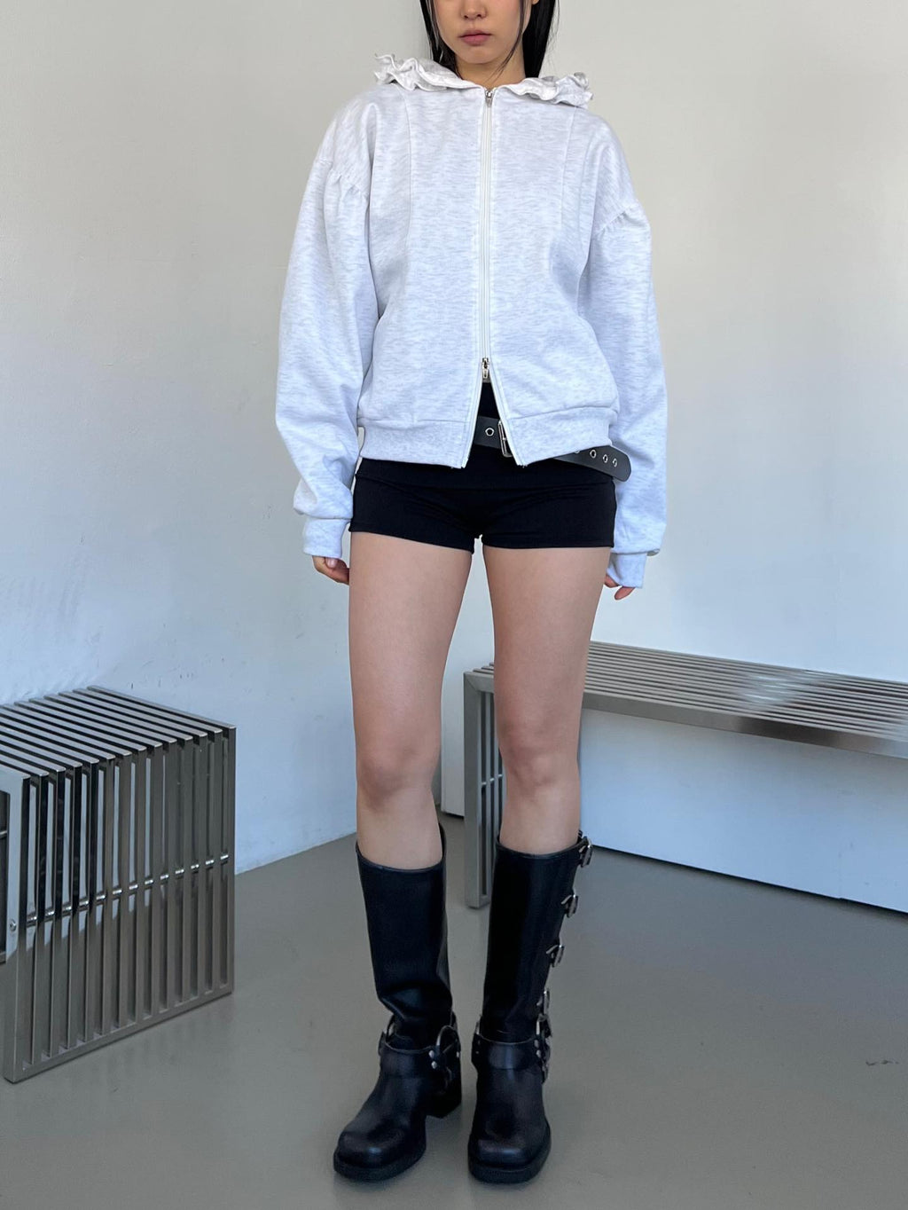 Oversized Full Zip Hoodie with Ruffle Frill Hood