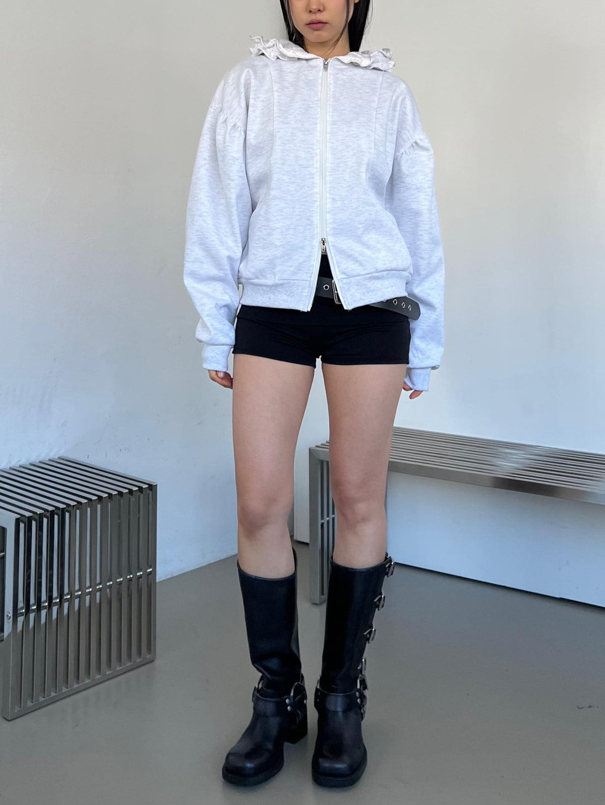Oversized Full Zip Hoodie with Ruffle Frill Hood