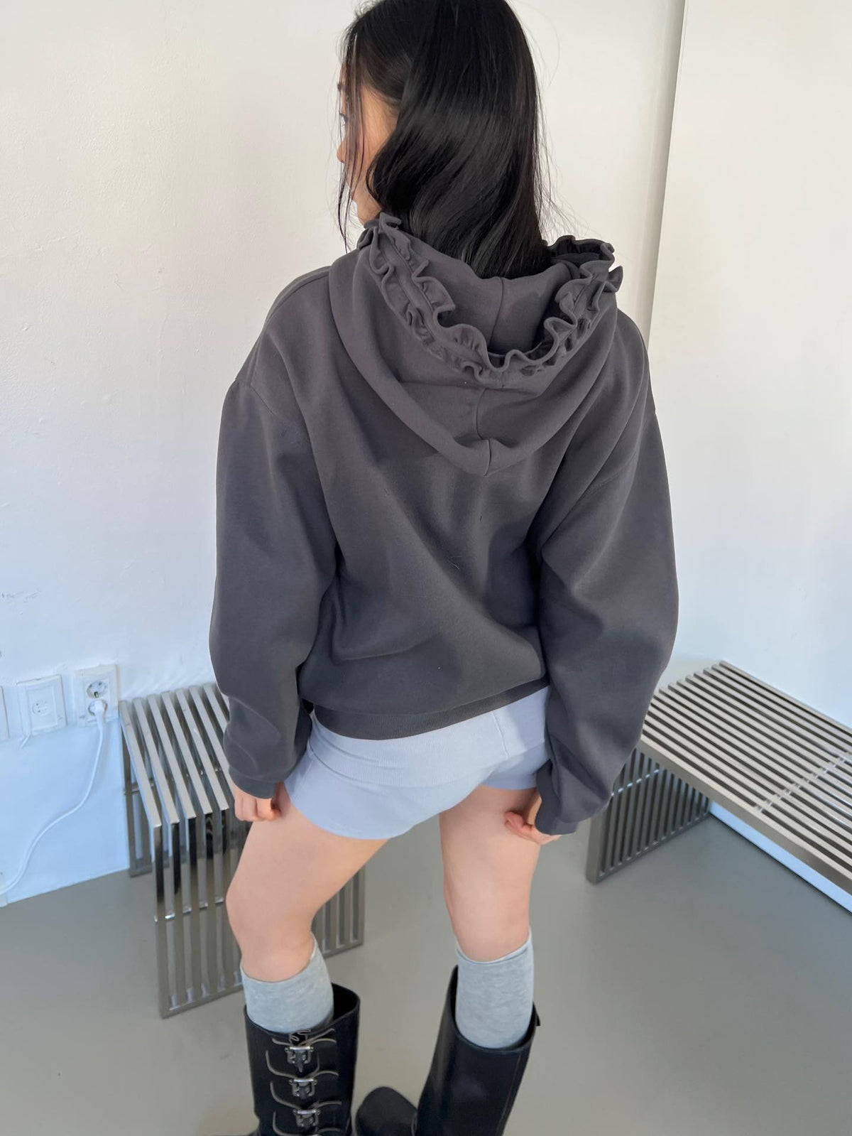 Oversized Full Zip Hoodie with Ruffle Frill Hood