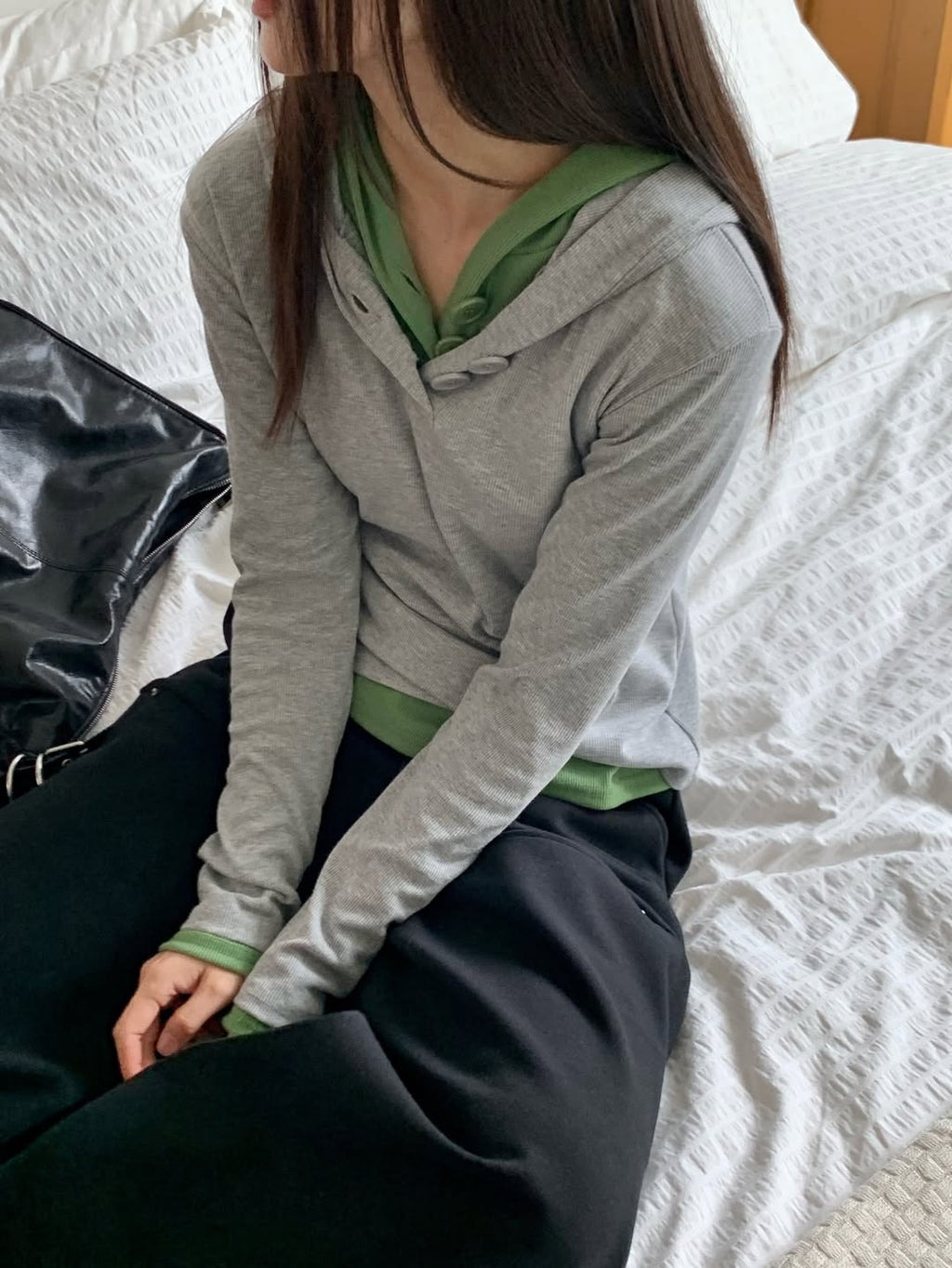 Excuse Two Botton Hooded Long Sleeve Top