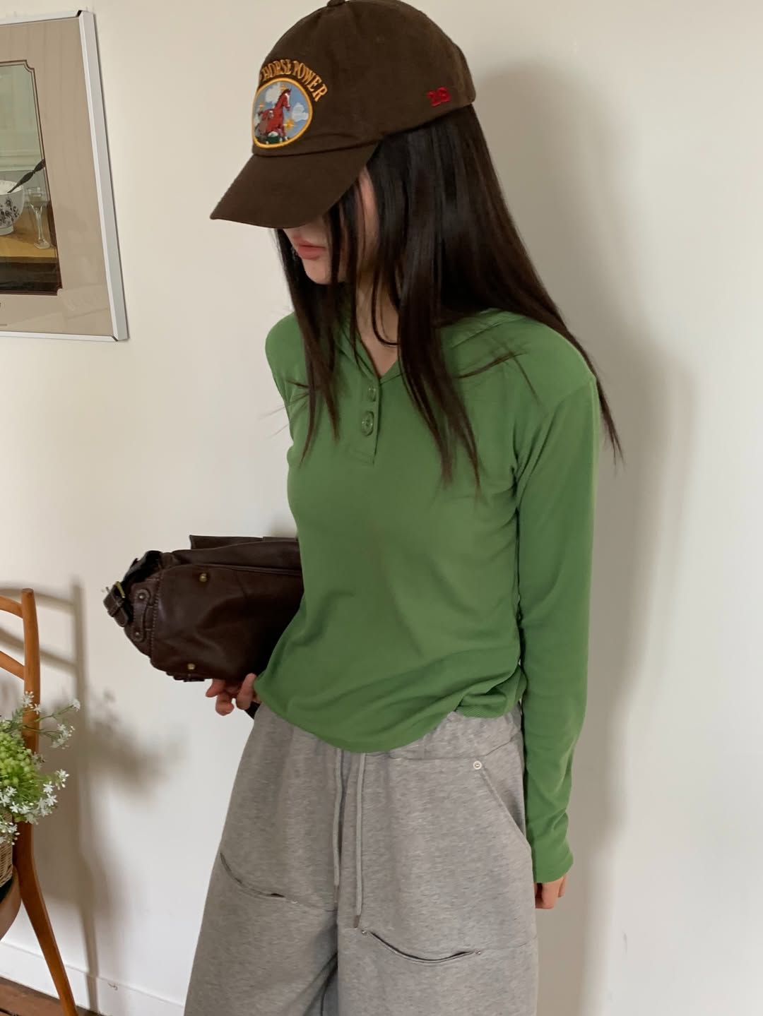 Excuse Two Botton Hooded Long Sleeve Top