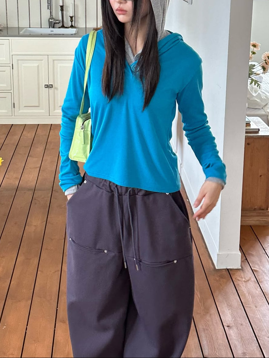 Excuse Two Botton Hooded Long Sleeve Top