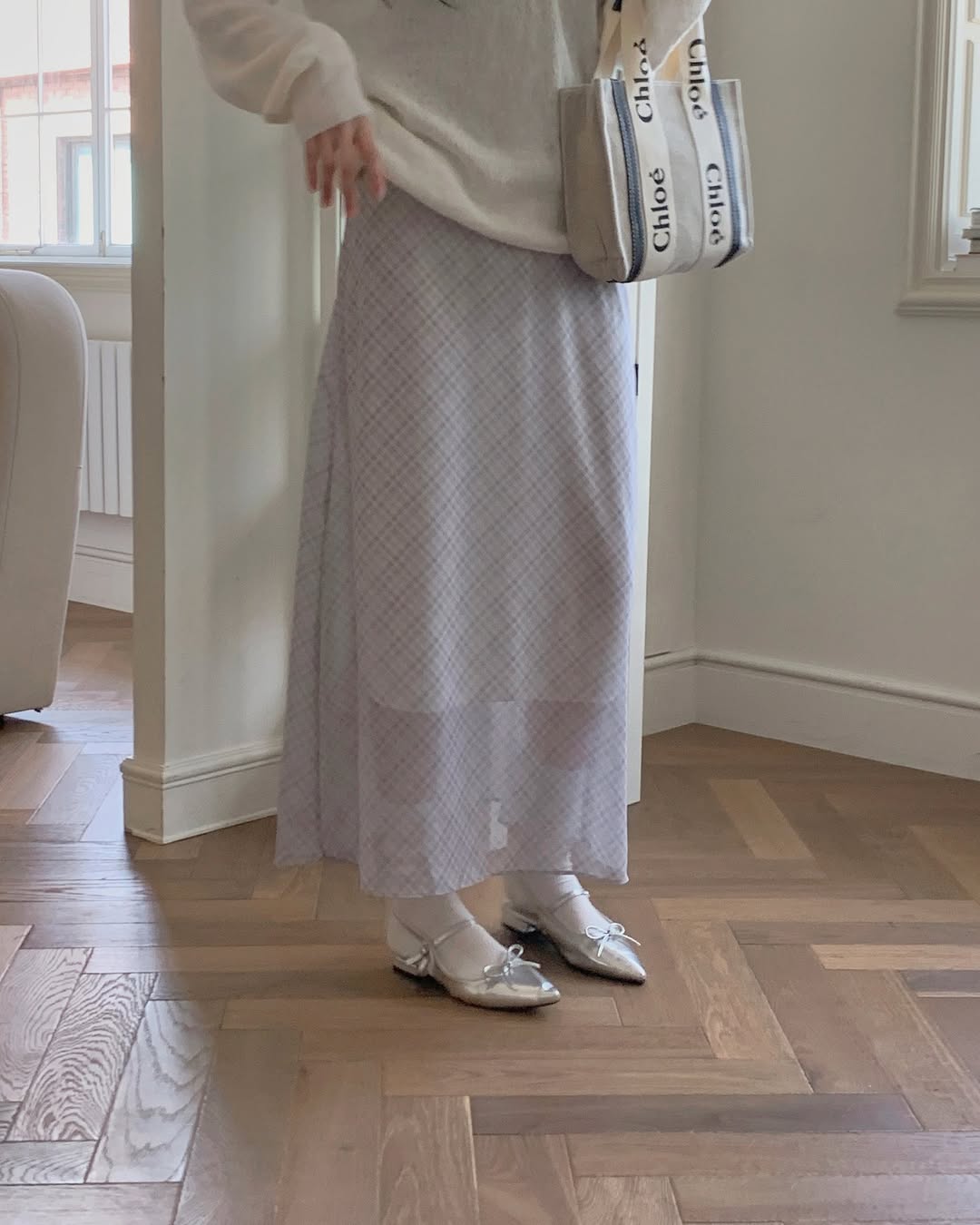 Hing9 Flat Check Midi Skirt