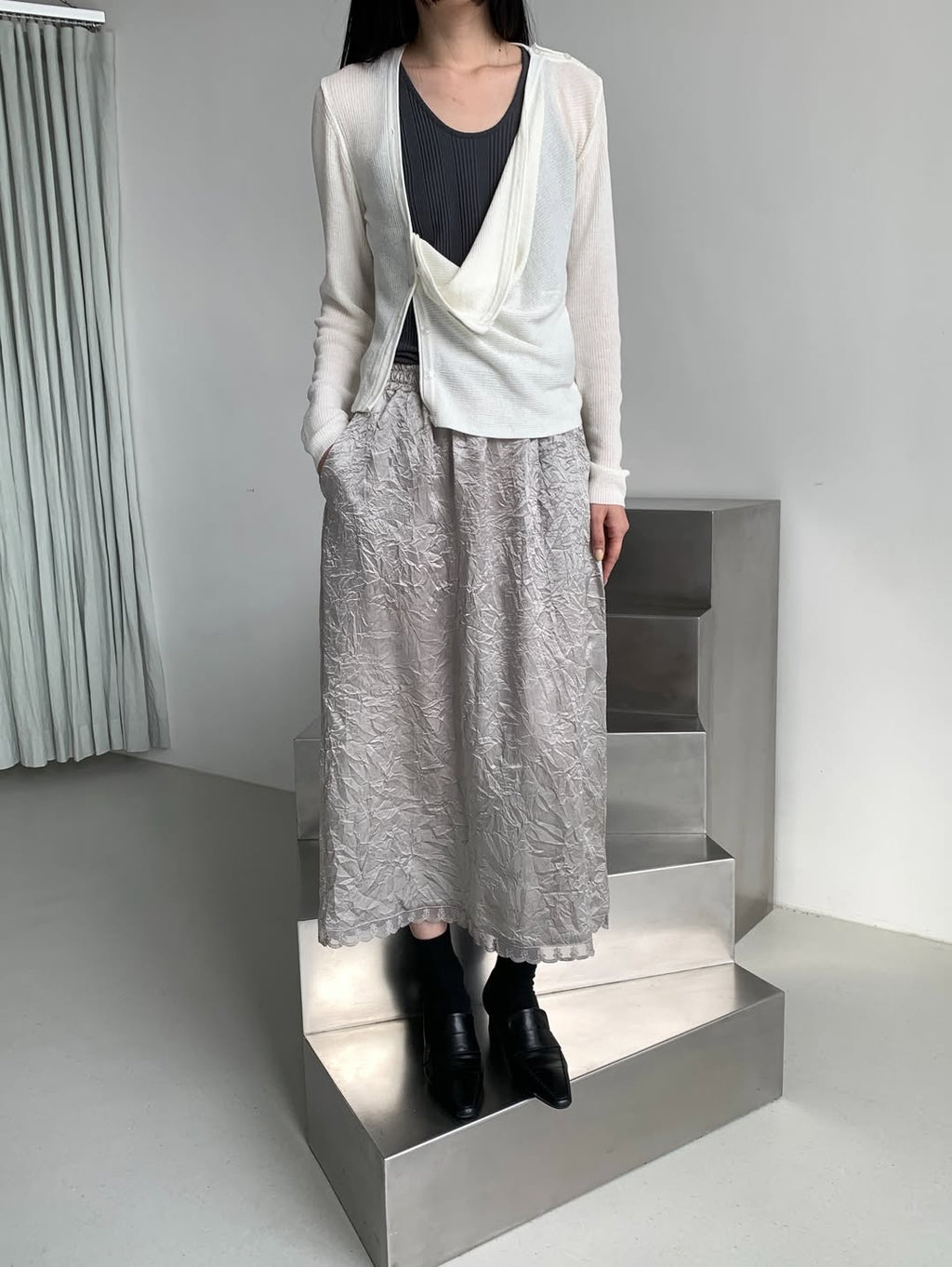 Unplan Crinkle Texture Maxi Skirt