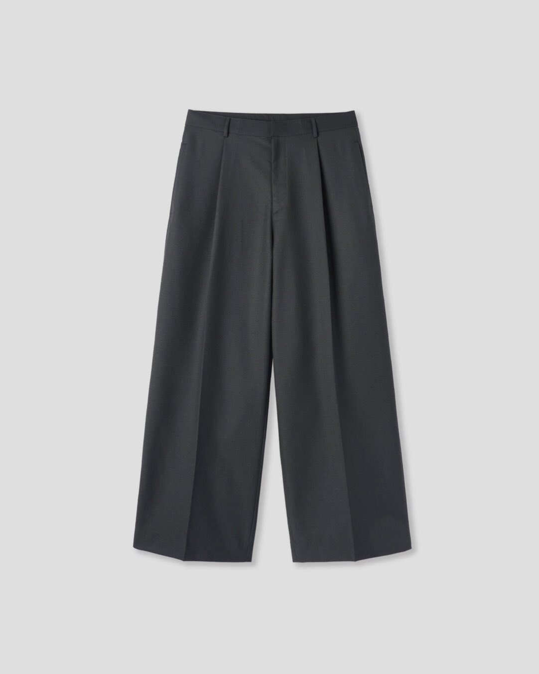 Corkage oversized one-tuck wide leg slacks in Charcoal, styled on model front view with white top full length