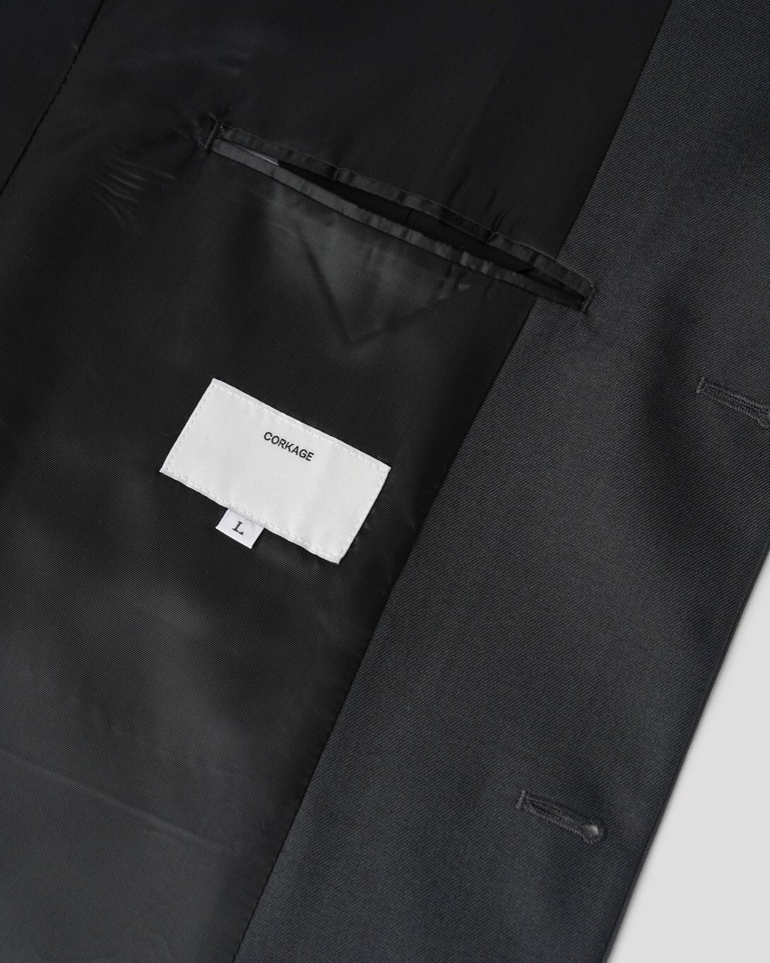 Corkage oversized single button blazer in Charcoal, notch lapel close-up detail