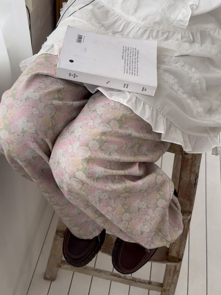 Excuse Pastel Floral Pin-Tuck Wide-Leg Trousers